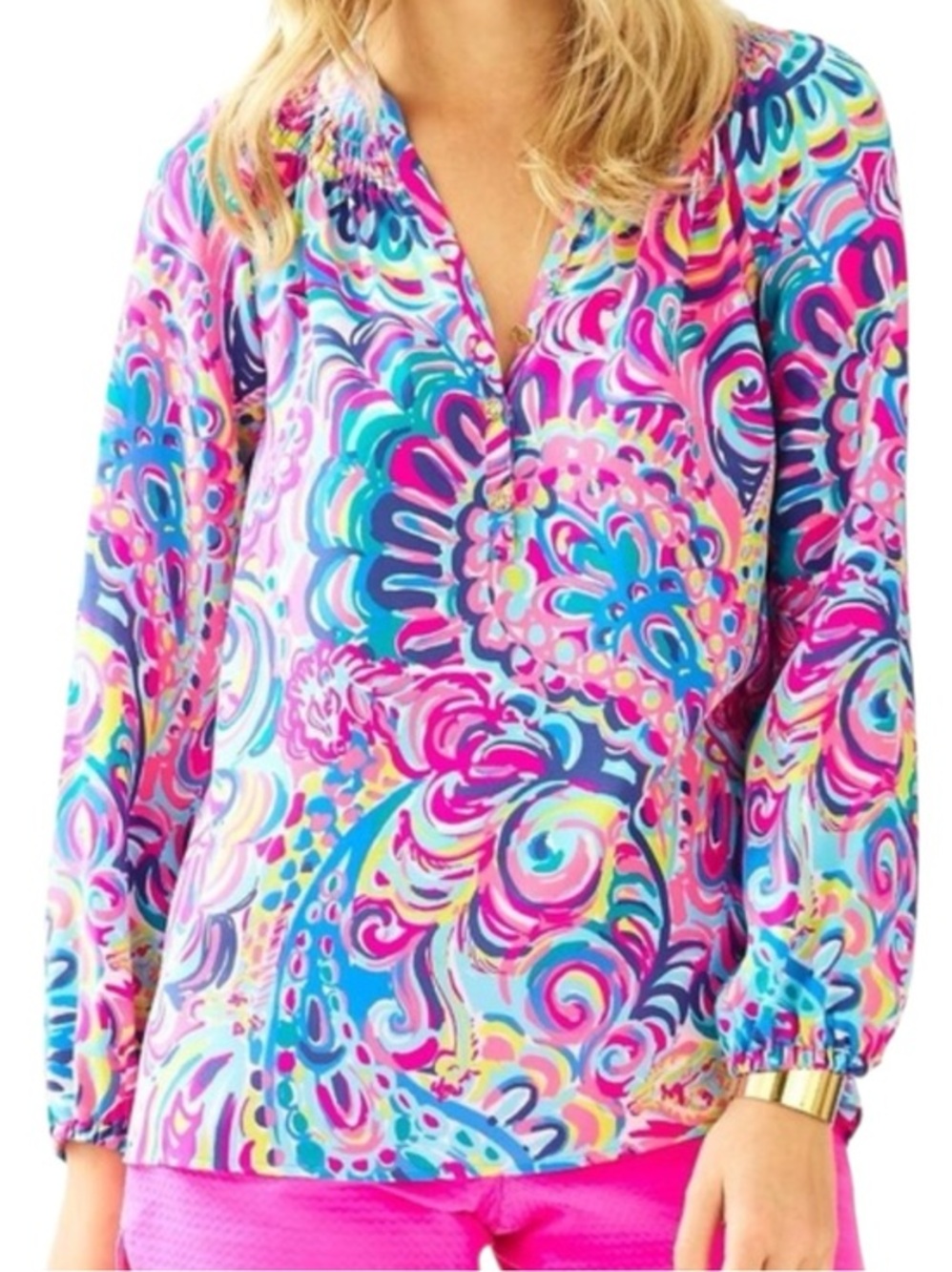Lilly Pulitzer Elsa Silk Top XS Bright Multicolor Paisley Blouse